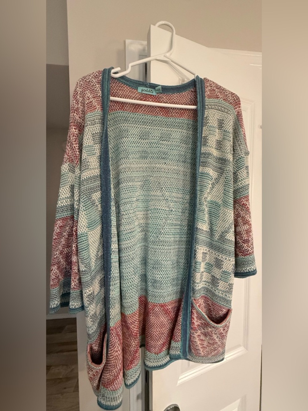 Goddis Open-Front Knit Cardigan - Teal & Coral - BNWOT